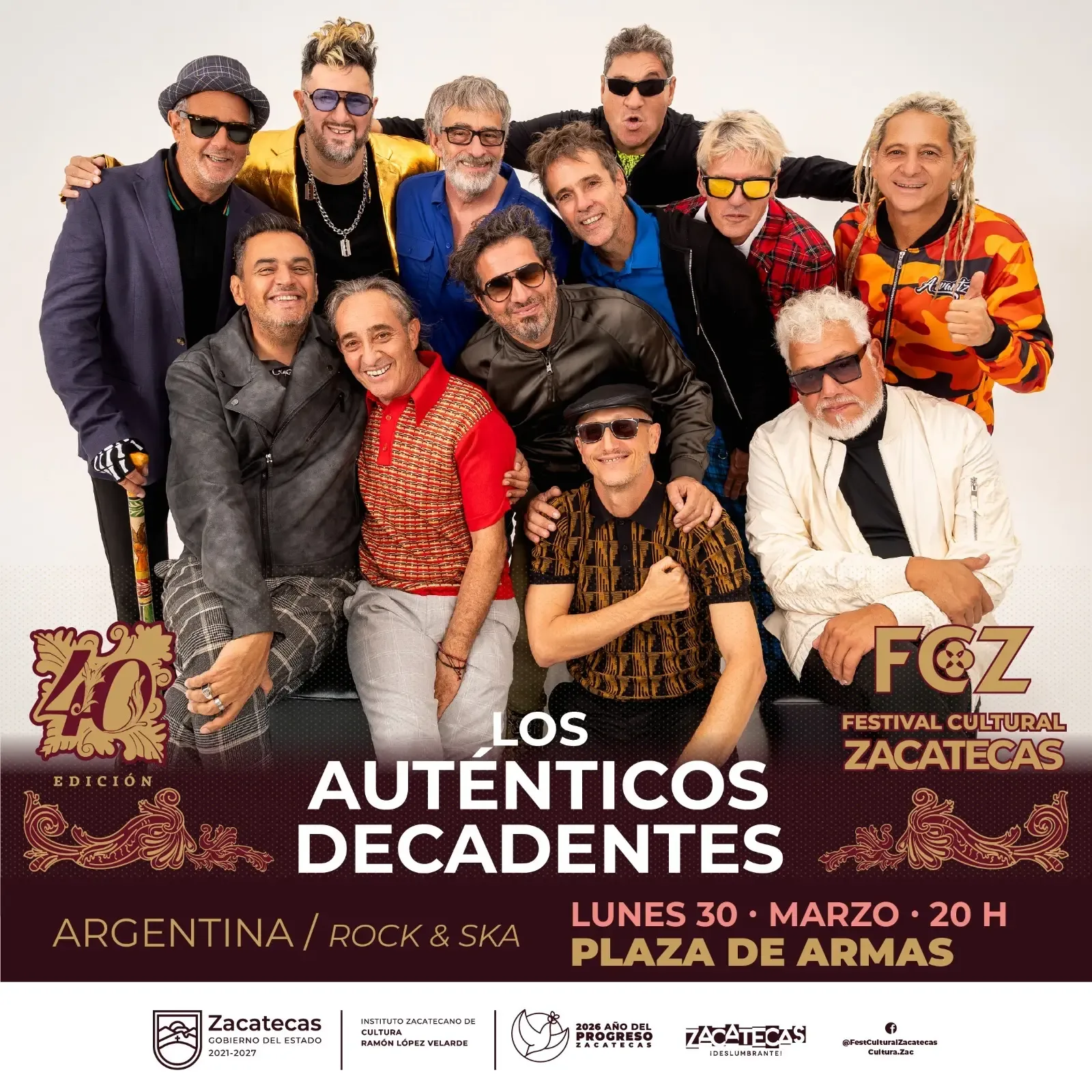 Presentación de Los Auténticos Decadentes en el Festival Cultural Zacatecas 2026.