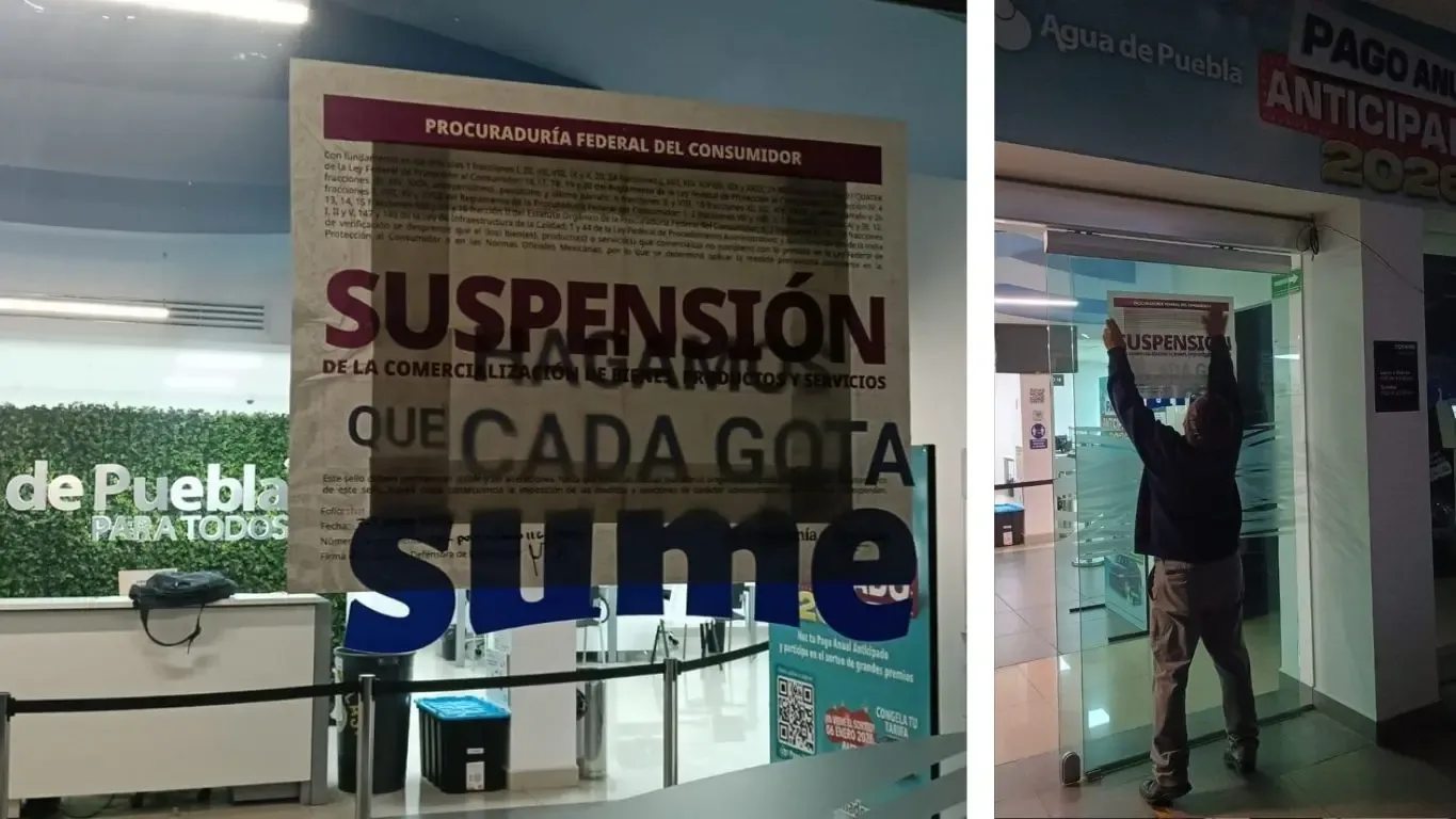 Profeco suspende a Agua de Puebla en Plaza Finanzas por irregularidades.