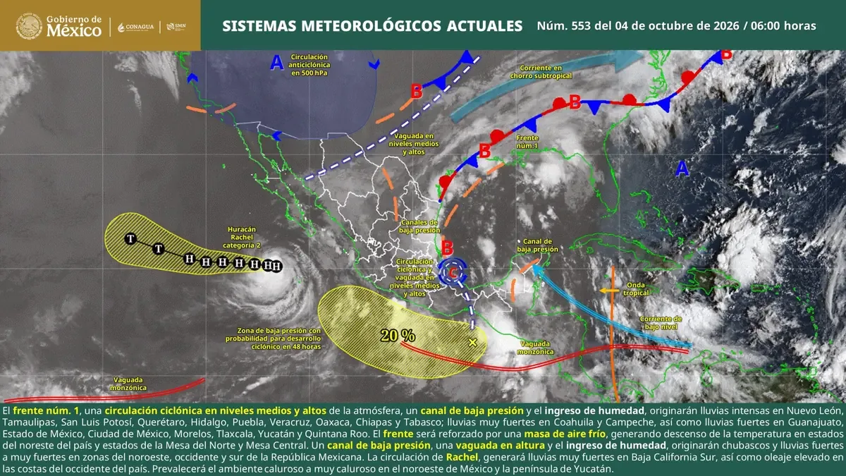 El SMN alerta sobre intensas lluvias y posibles inundaciones en varias entidades.