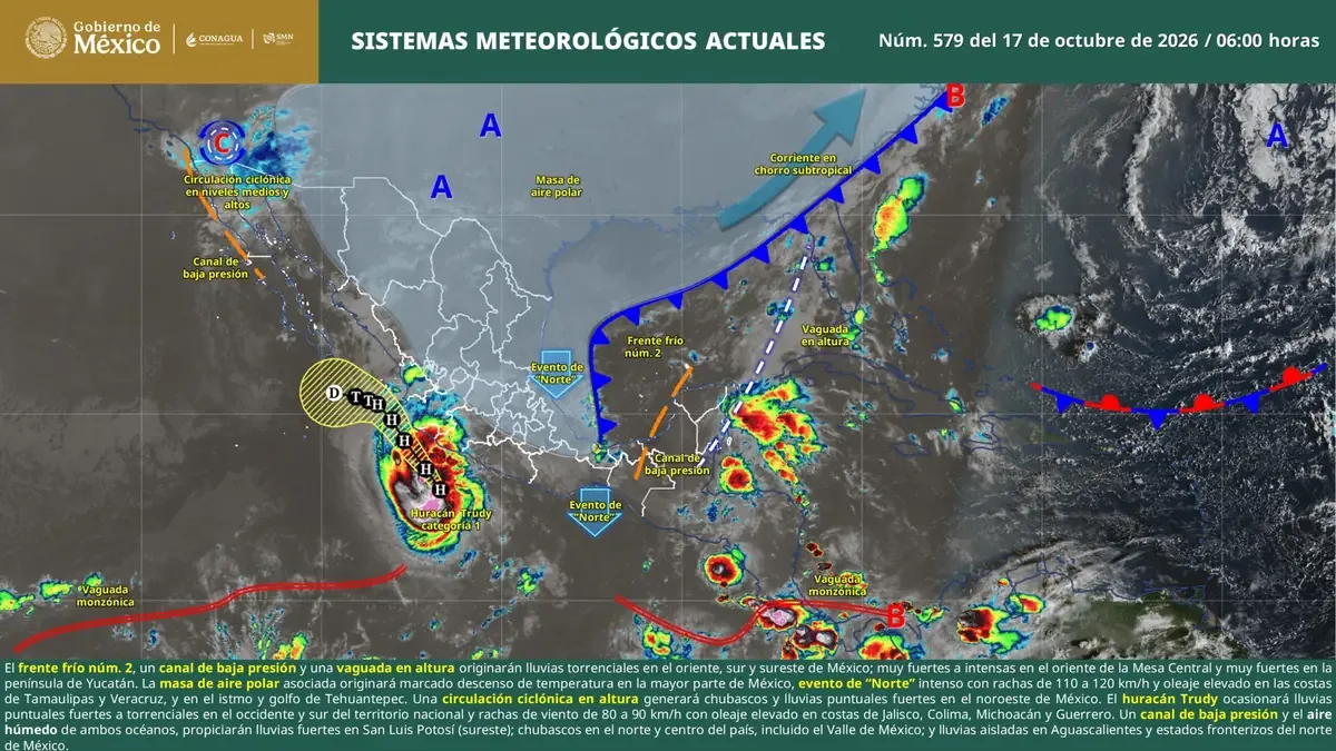 El Servicio Meteorológico Nacional alerta sobre efectos de un frente frío y un huracán en el Pacífico.