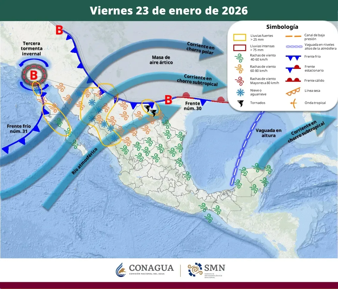 Pronóstico del clima en Quintana Roo: lluvias y vientos fuertes este 23 de enero.