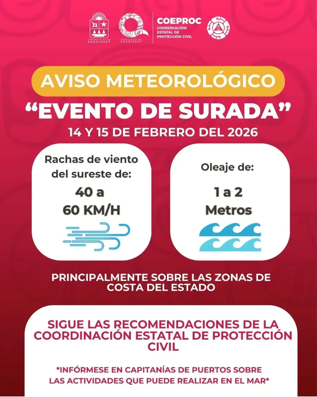 Protección Civil advierte sobre vientos fuertes y oleaje alto en la región.