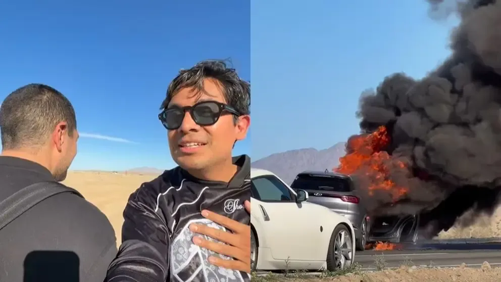 Ricardo Peralta y César Doroteo, ilesos tras incendio en carretera Tijuana-Mexicali.