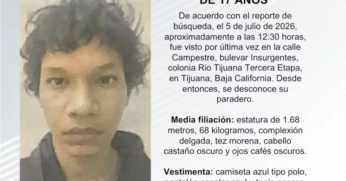 La Fiscalía de Baja California solicita apoyo para localizar a un joven reportado como desaparecido en Tijuana.