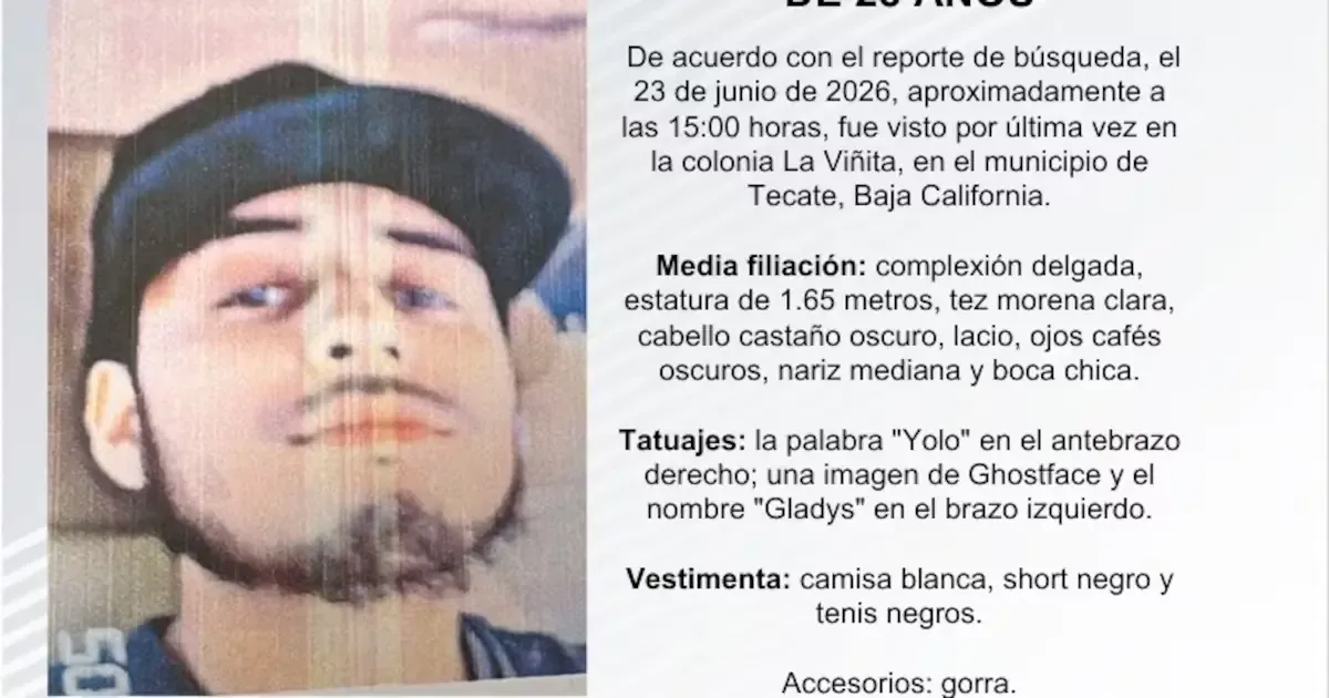 La Fiscalía de Baja California solicita ayuda para localizar a un joven de 28 años visto por última vez en junio.
