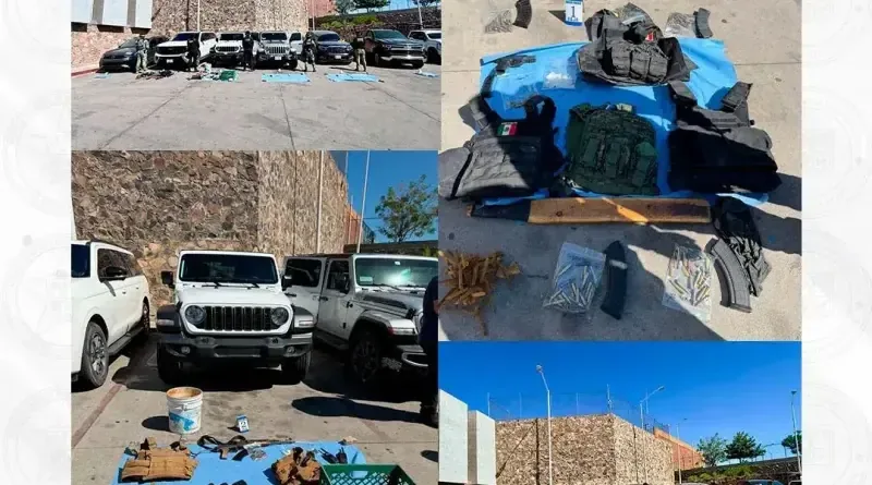 La Guardia Nacional y otras autoridades aseguran armamento y vehículos en operación en Nogales, Sonora.