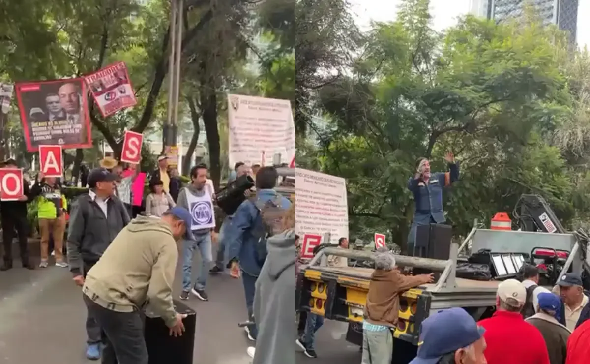 Integrantes del SME protestan contra Felipe Calderón durante foro organizado por el PAN.