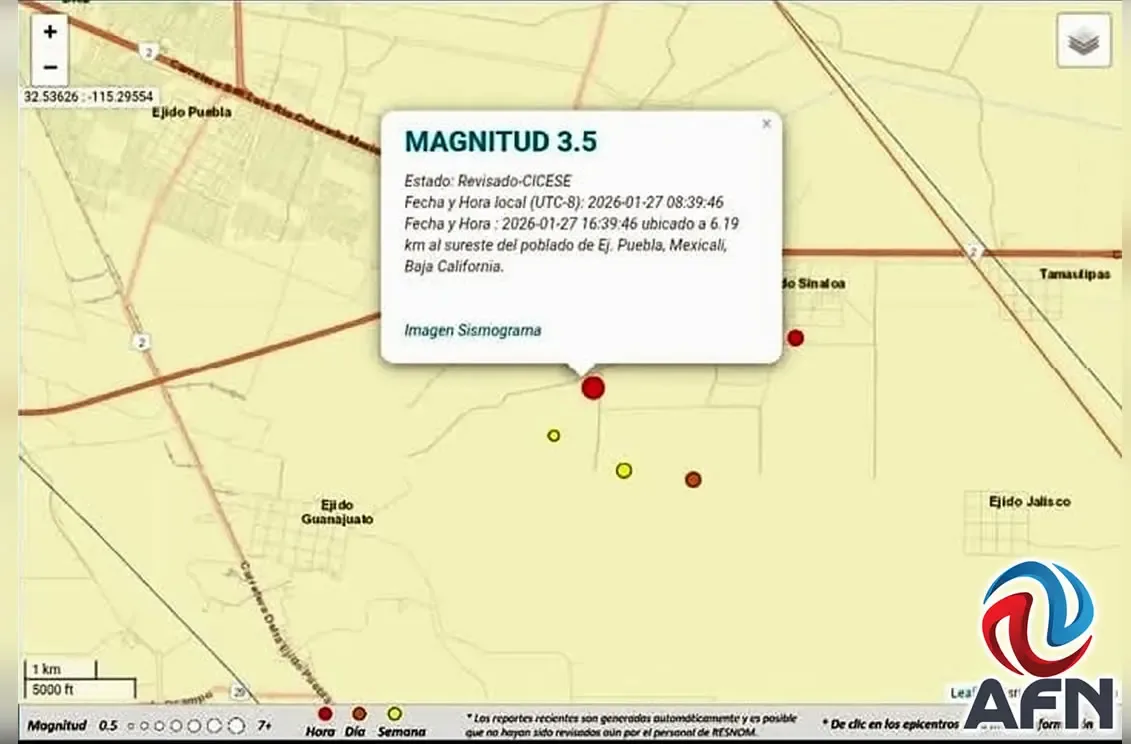 Sismo de magnitud 3.5 en Mexicali, sin reportes de daños.