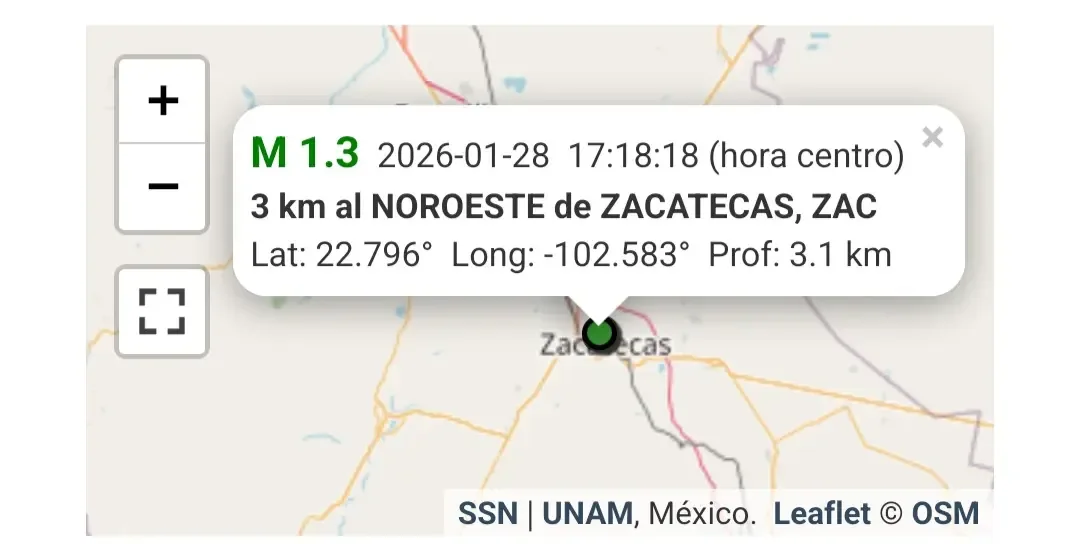 Sismo en la capital de Zacatecas, reportado sin daños ni heridos.