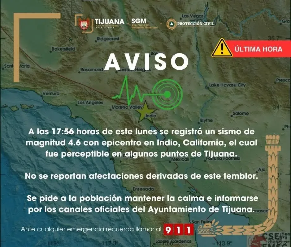 Temblores en Tijuana recientes tras sismo en Indio, California.