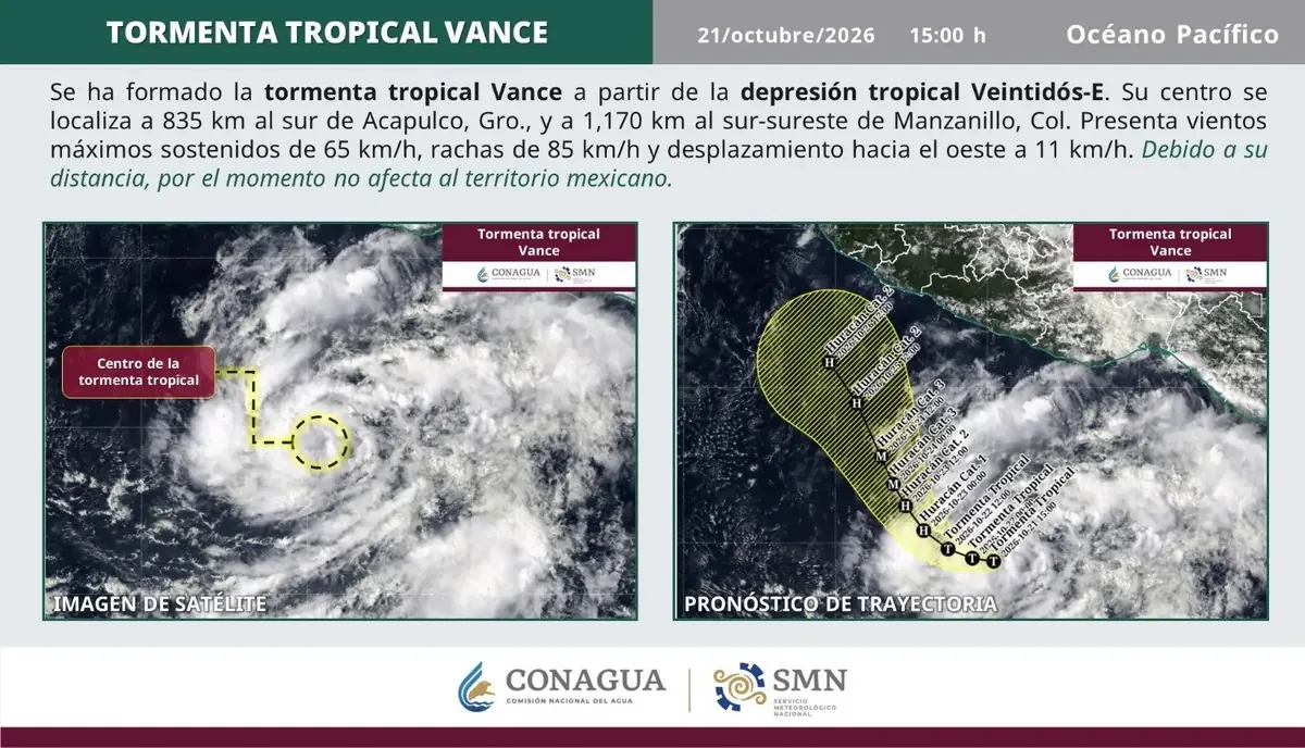 La tormenta tropical “Vance” podría intensificarse y llegar a ser un huracán en los próximos días.