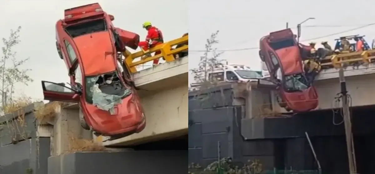 Un accidente en Puebla dejó un auto colgando de un puente, resultando en un fatality y tres rescatados, incluidos dos menores.