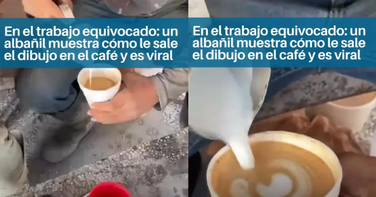 Un albañil demuestra su talento como barista durante el descanso laboral.