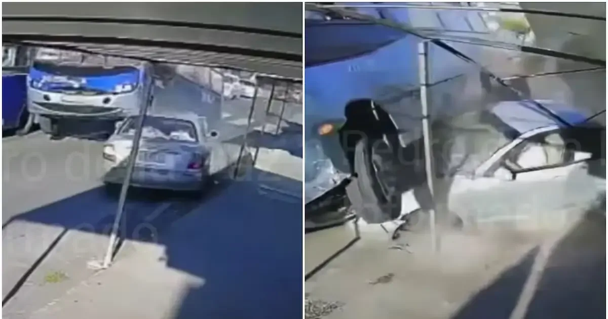 Un bus intentó adelantar y terminó sobre un vehículo estacionado; el conductor resultó con lesiones leves.