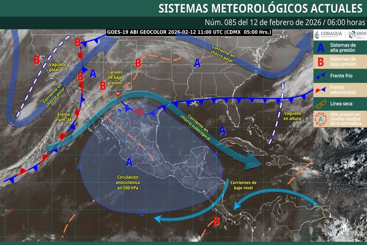 Un sistema meteorológico generará chubascos en varias regiones del país y la posibilidad de nieve en Baja California.